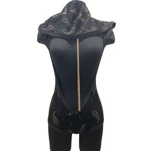 J. Valentine ~ Sheer Metallic Paisley Lace Bodysuit w/ Hoodie ~ NWT